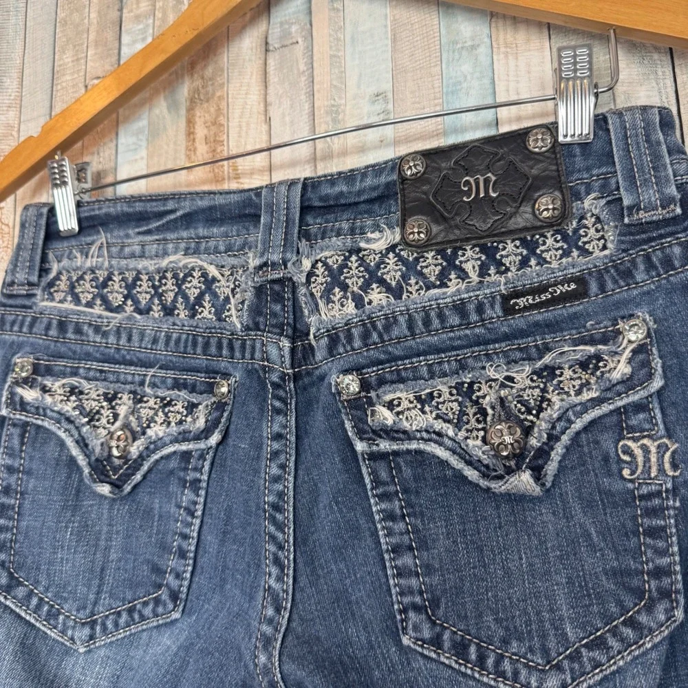 Miss Me 29 Fleur de Lis Embellished Flap Pocket Boot Jean Embroidered Rhinestone